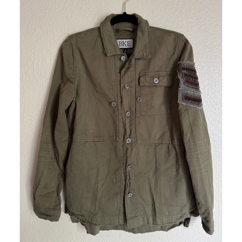 BKE Olive Utility Jacket Small Beaded Chevron Patch Boho Military Y2K